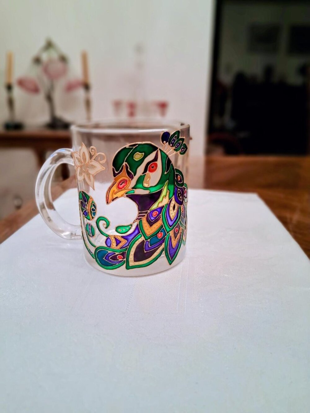 NWOT Peacock Glass Art Mug